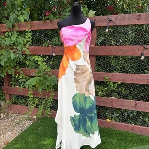 Commense One-Shoulder Floral Maxi Dress in White, Pink, Orange & Green